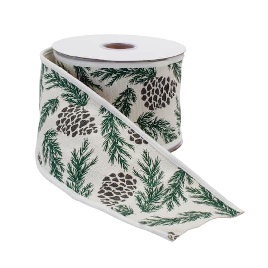 4" x 5yd. Green & White Wired Pine & Pinecone Cotton Ribbon